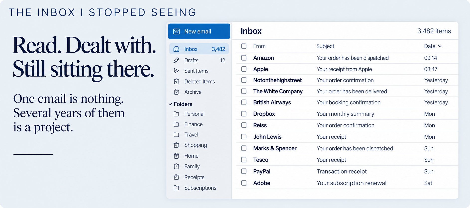 The inbox I stopped seeing: an Outlook inbox with years of read and dealt-with emails still waiting to be filed.