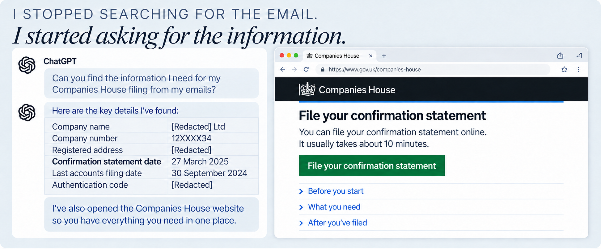 A conversational email search retrieves information for a Companies House filing beside the confirmation-statement website.