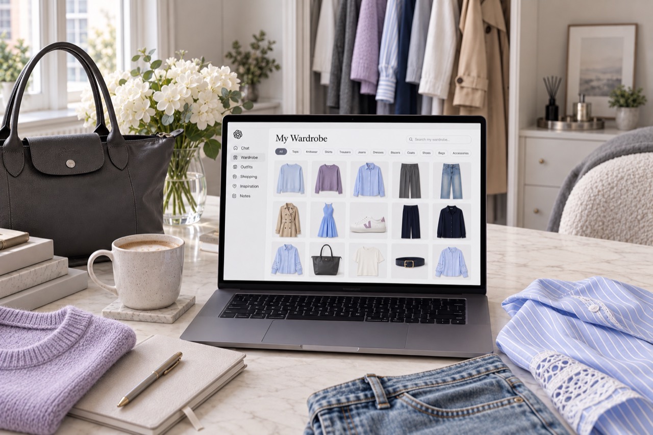 Editorial scene showing a laptop displaying Emma-Kate’s digital wardrobe alongside clothing from her real wardrobe.