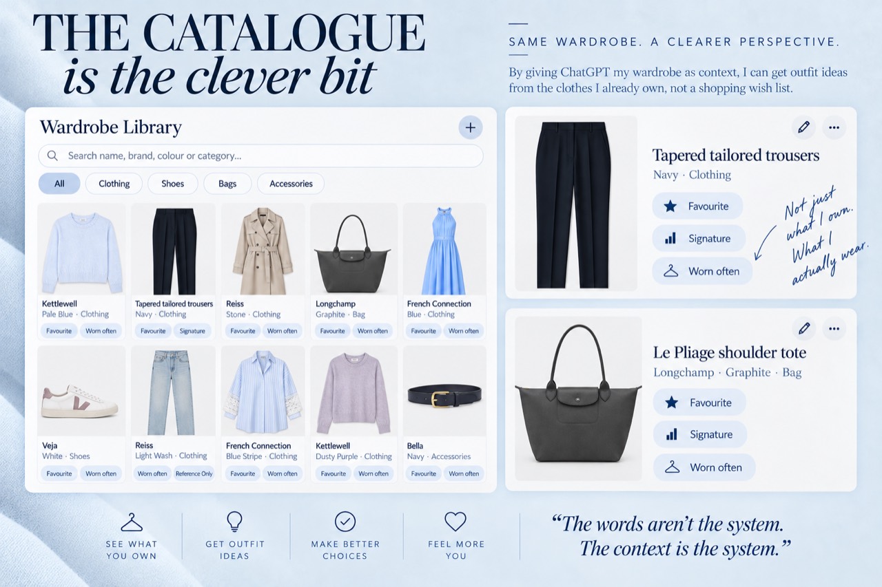 Editorial Wardrobe Library showing genuine items from Emma-Kate’s wardrobe alongside detailed records for navy tailored trousers and a graphite Longchamp bag.