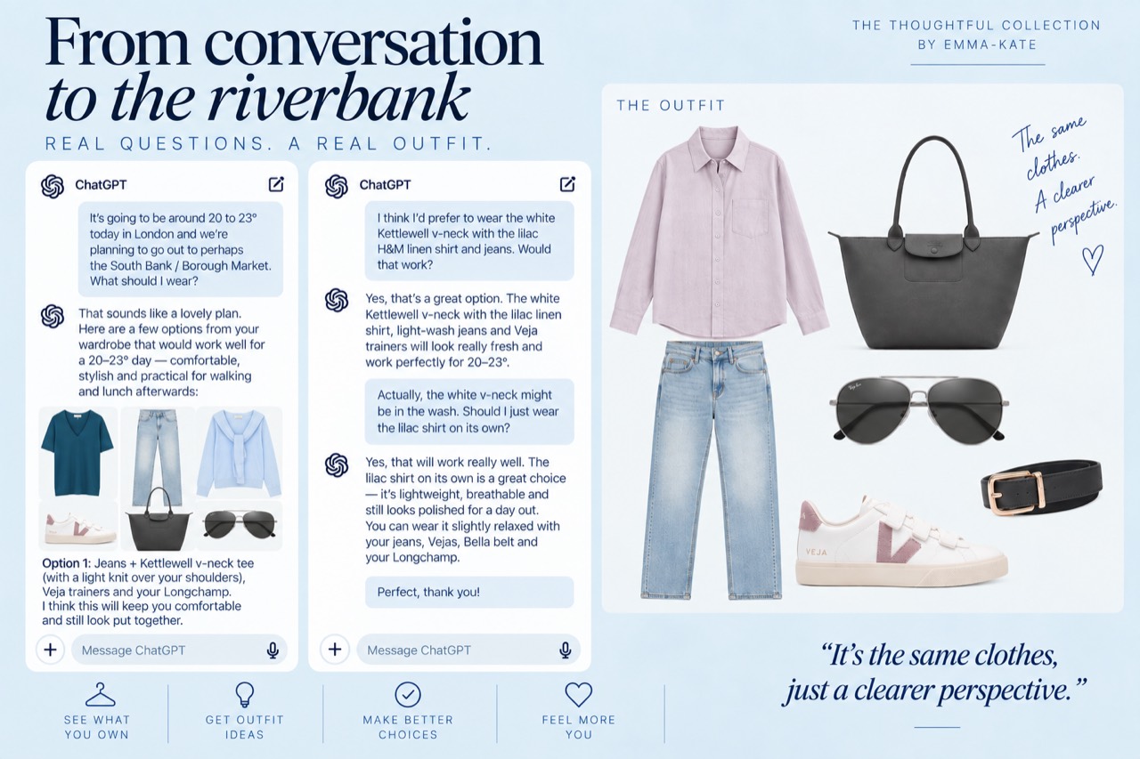 Editorial graphic showing Emma-Kate’s genuine ChatGPT outfit-planning conversation for a 20–23°C London day and the resulting outfit of lilac shirt, light-wash jeans, Veja trainers, graphite Longchamp, sunglasses and Bella belt.