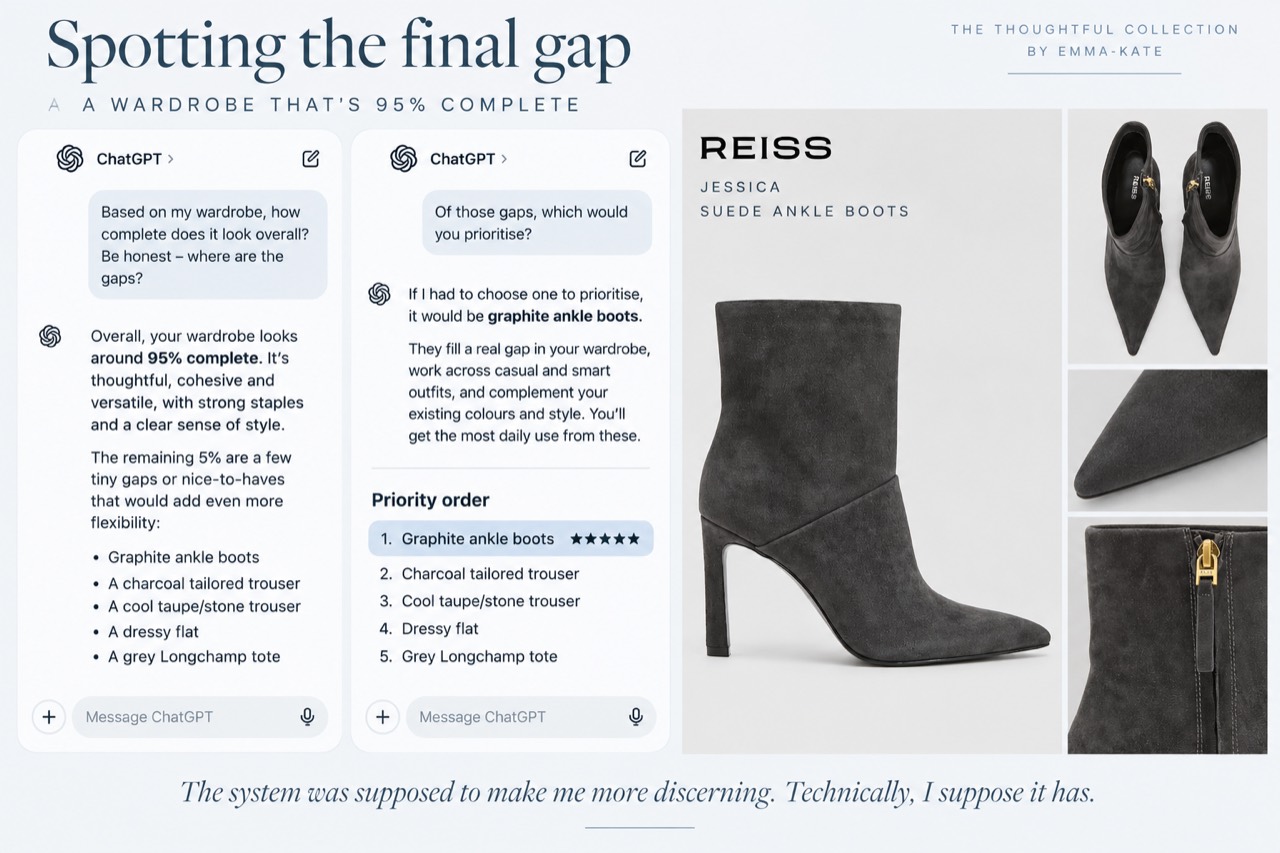 Editorial graphic showing ChatGPT assessing Emma-Kate’s wardrobe as approximately 95% complete and identifying graphite ankle boots as the highest-priority remaining gap alongside the Reiss boots she subsequently bought.