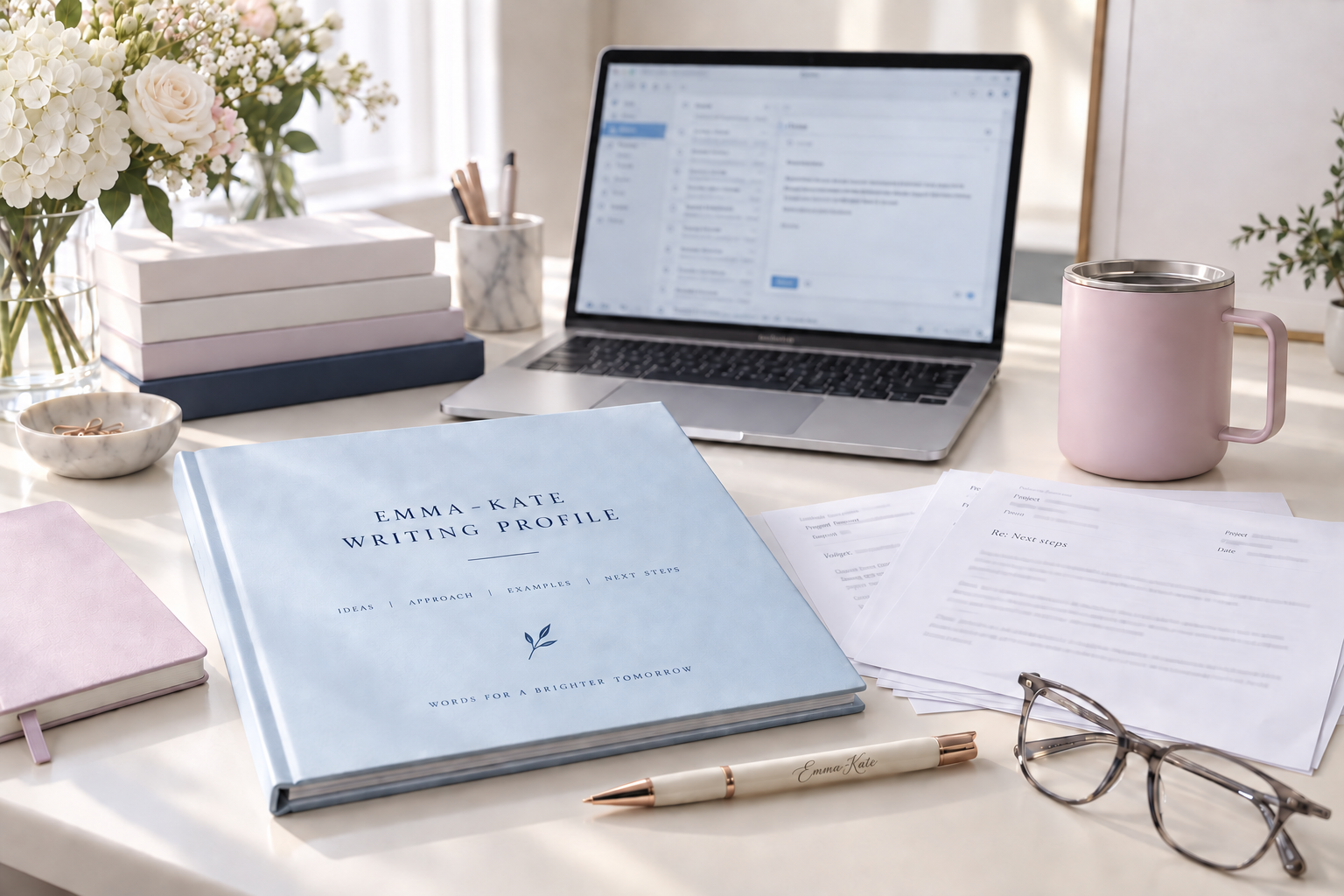 Illustrative editorial desk with an email draft, an Emma-Kate Writing Profile document, an ivory and rose-gold pen and a cool pink mug. Correspondence is intentionally unreadable.