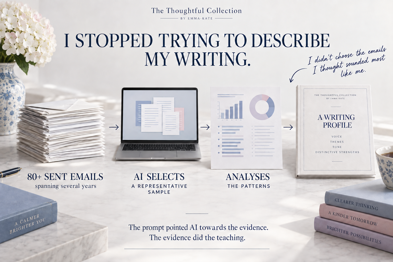 An editorial diagram of the original experiment: 80 or more sent emails spanning several years, a representative selection, pattern analysis and a writing profile. The prompt points AI towards the evidence.