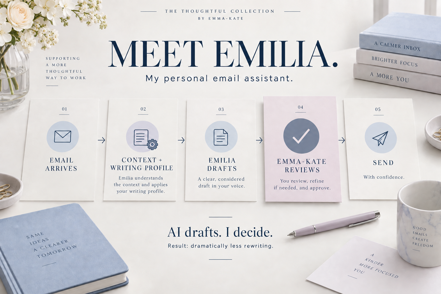 Emilia, Emma-Kate’s personal email assistant: incoming email and a writing profile inform a draft, which Emma-Kate reviews before sending. AI drafts; Emma-Kate decides.