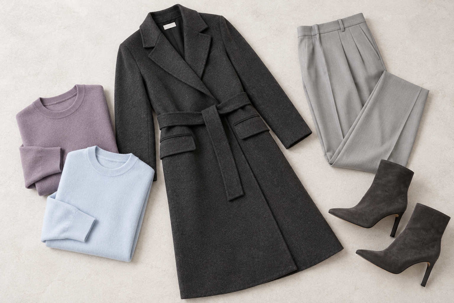 Editorial arrangement based on Emma-Kate’s wardrobe: grey Reiss Marlowe coat, graphite boots, dusty-purple and pale-blue knitwear and grey tailored trousers.