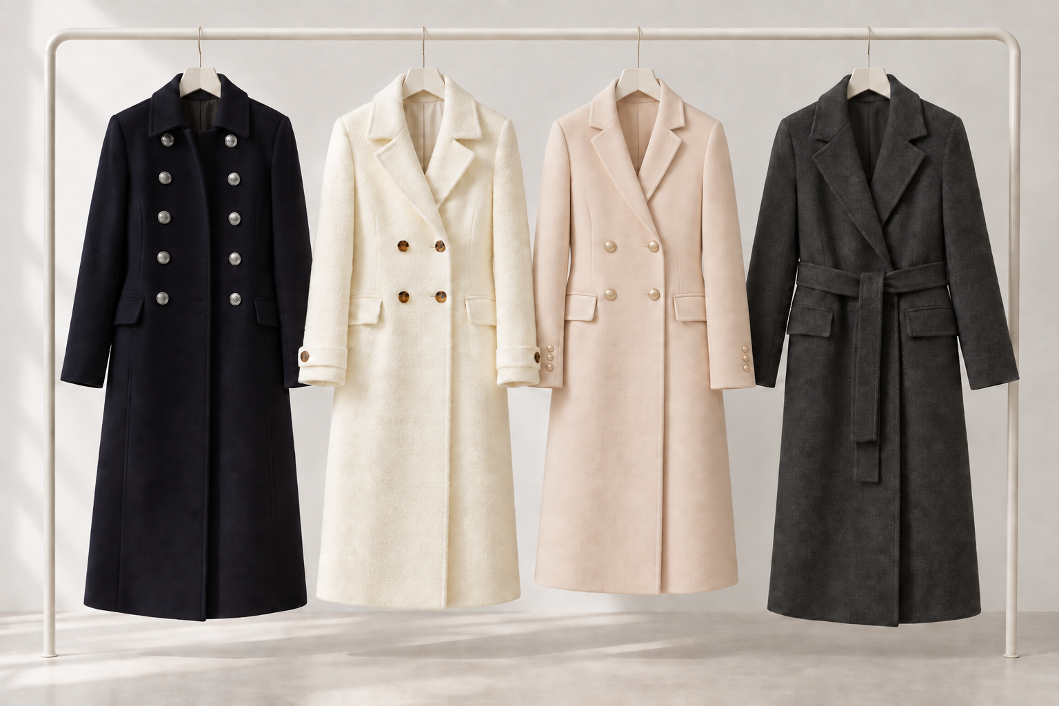 Illustrative arrangement of Emma-Kate’s navy, ivory boucle and blush-ivory coats beside the new grey Reiss coat.