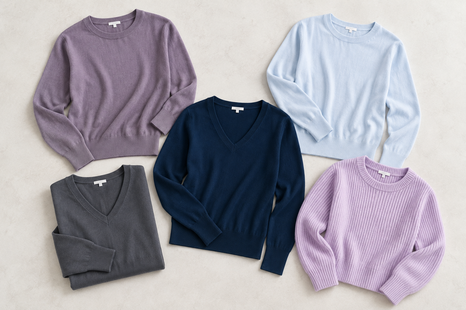 An editorial arrangement of five real wardrobe knitwear pieces in dusty purple, soft blue, navy, cool grey and lilac.