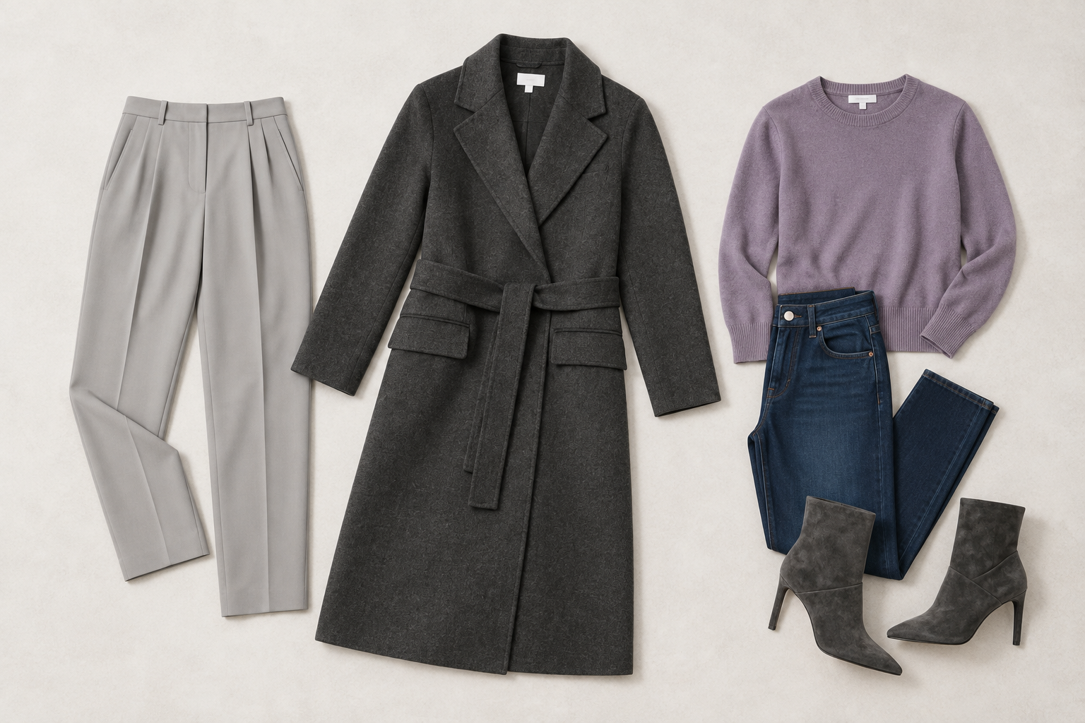 Wardrobe composition showing the grey Reiss coat and boots with tailored grey trousers, dark blue jeans and dusty-purple knitwear.
