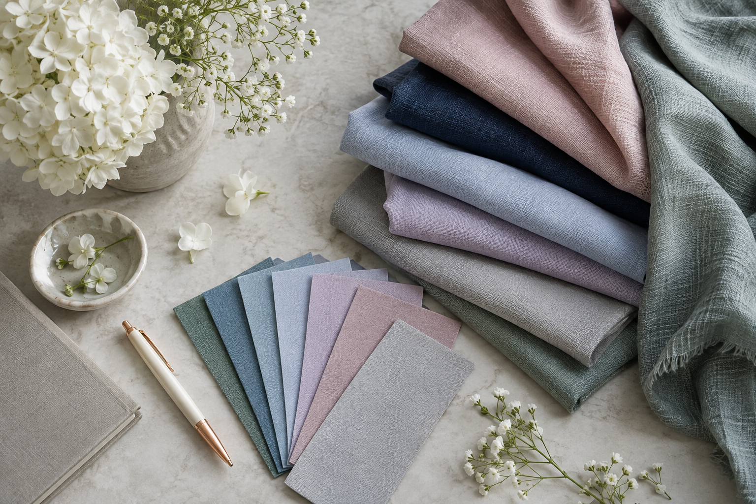 A harmonious dressing-table still life with cool pink, navy, powder blue, lavender, grey and green fabrics, a colour fan and white flowers.