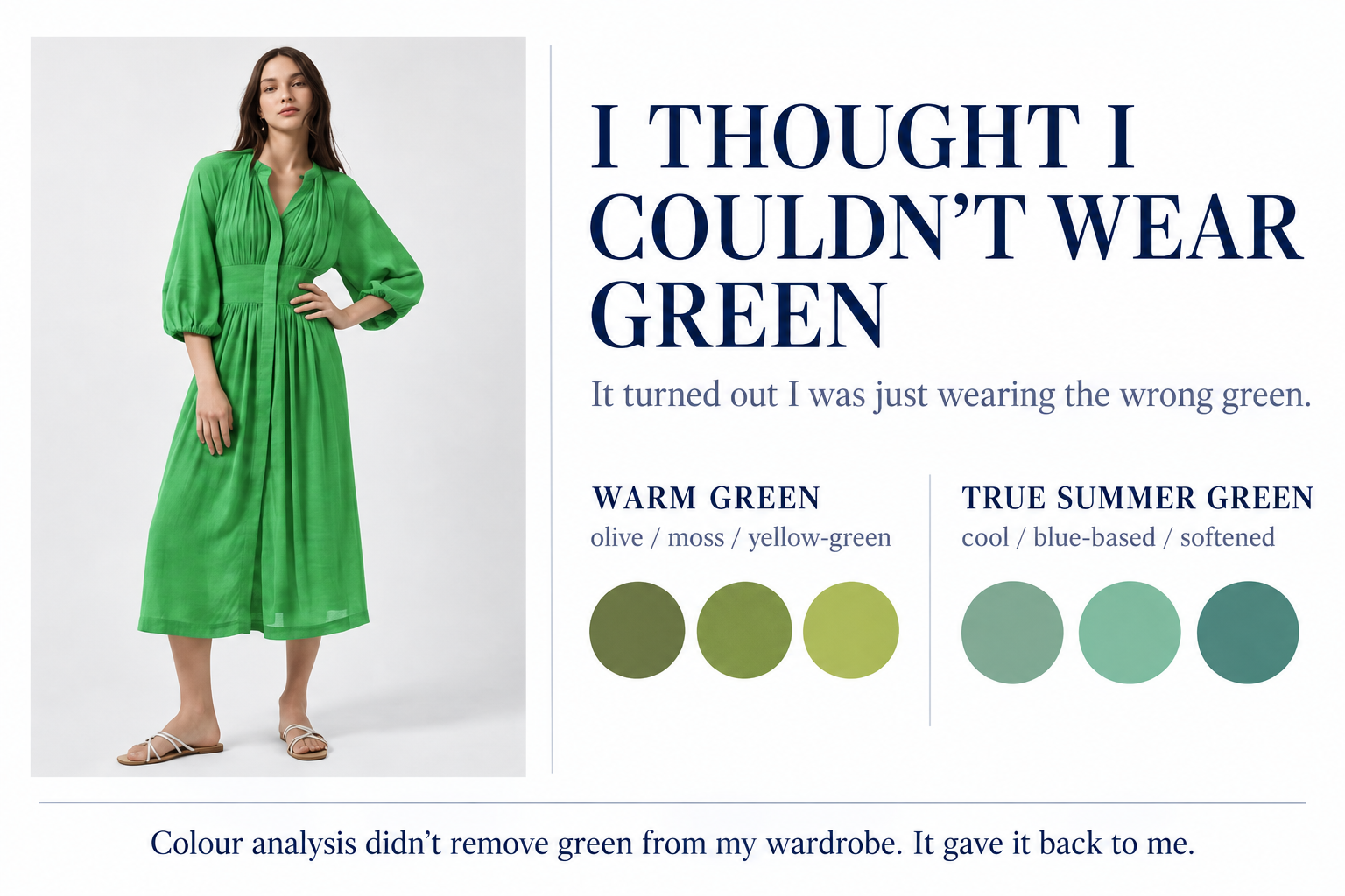 The supplied green French Connection dress alongside a comparison of warmer greens and cool, softened, blue-based greens.