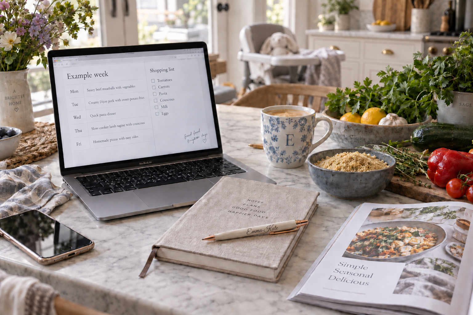A calm family meal-planning scene with a laptop, recipe magazine, notebook, personalised Emma-Kate pen, coffee and everyday ingredients on a kitchen table.