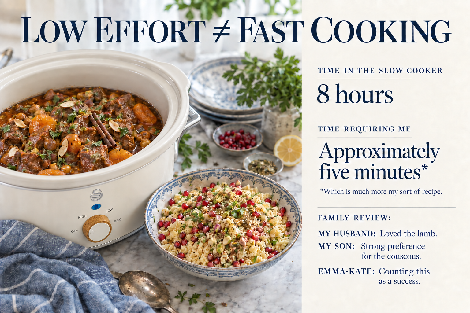 An ivory Swan Nordic slow cooker with a wood-effect dial holding lamb tagine with apricots beside pomegranate and za’atar couscous. Low effort is different from fast cooking: eight hours cooking with approximately five minutes of active attention.