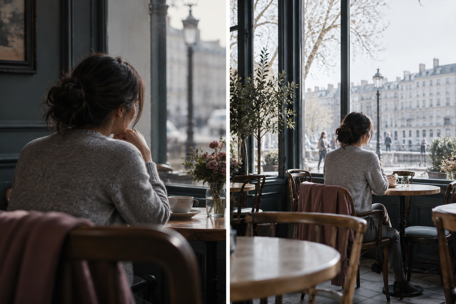 Two views of a dark-haired woman seated by a café window, one closely framed and one wider and brighter.