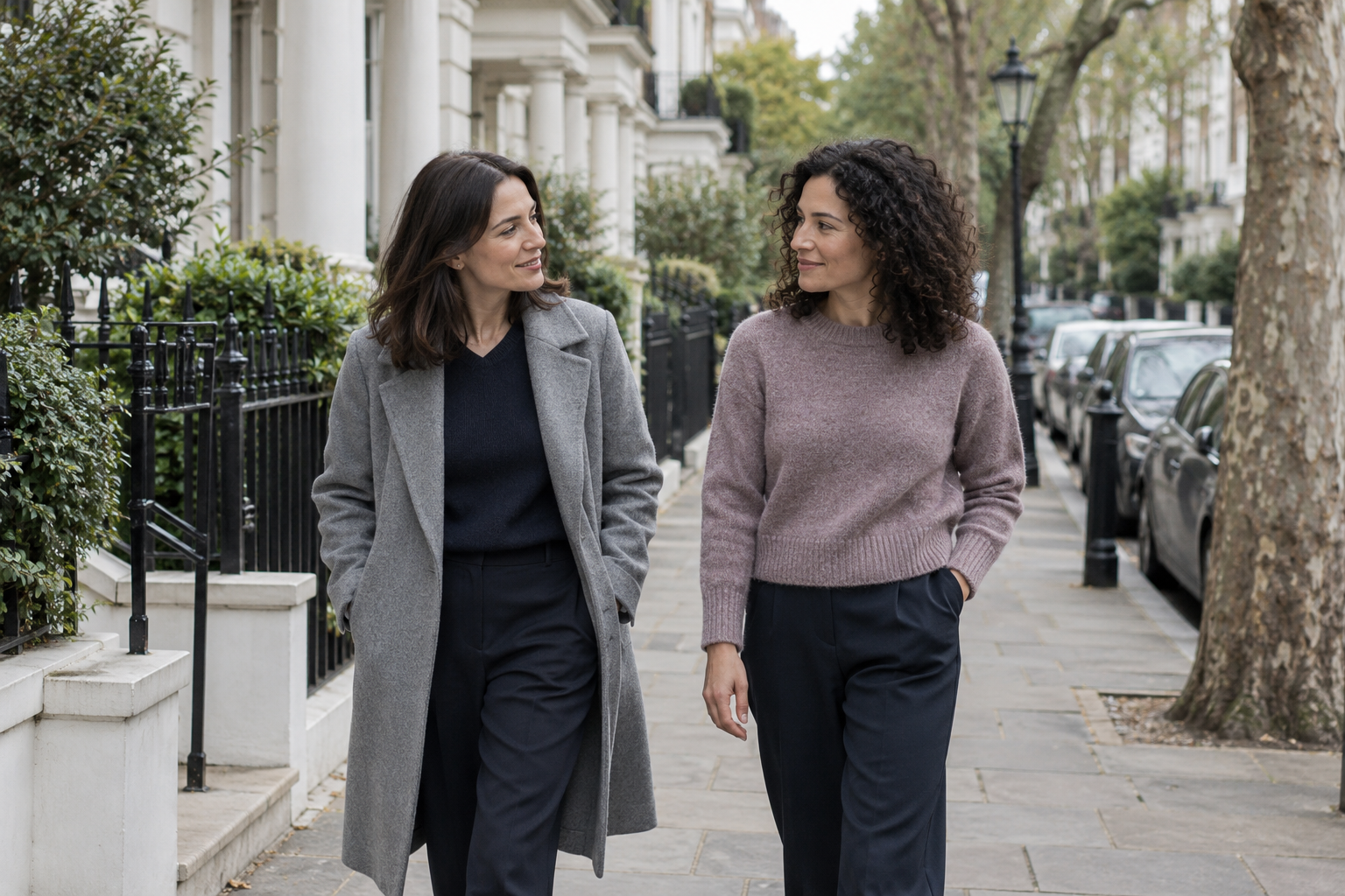 Two women in grey and mauve clothing smiling at each other while walking along a leafy residential street.