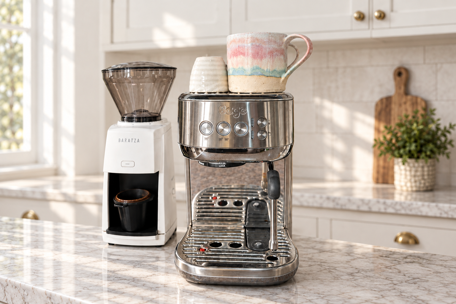 Editorial image of a stainless steel Sage Bambino Plus beside a white Baratza grinder on a pale kitchen counter.