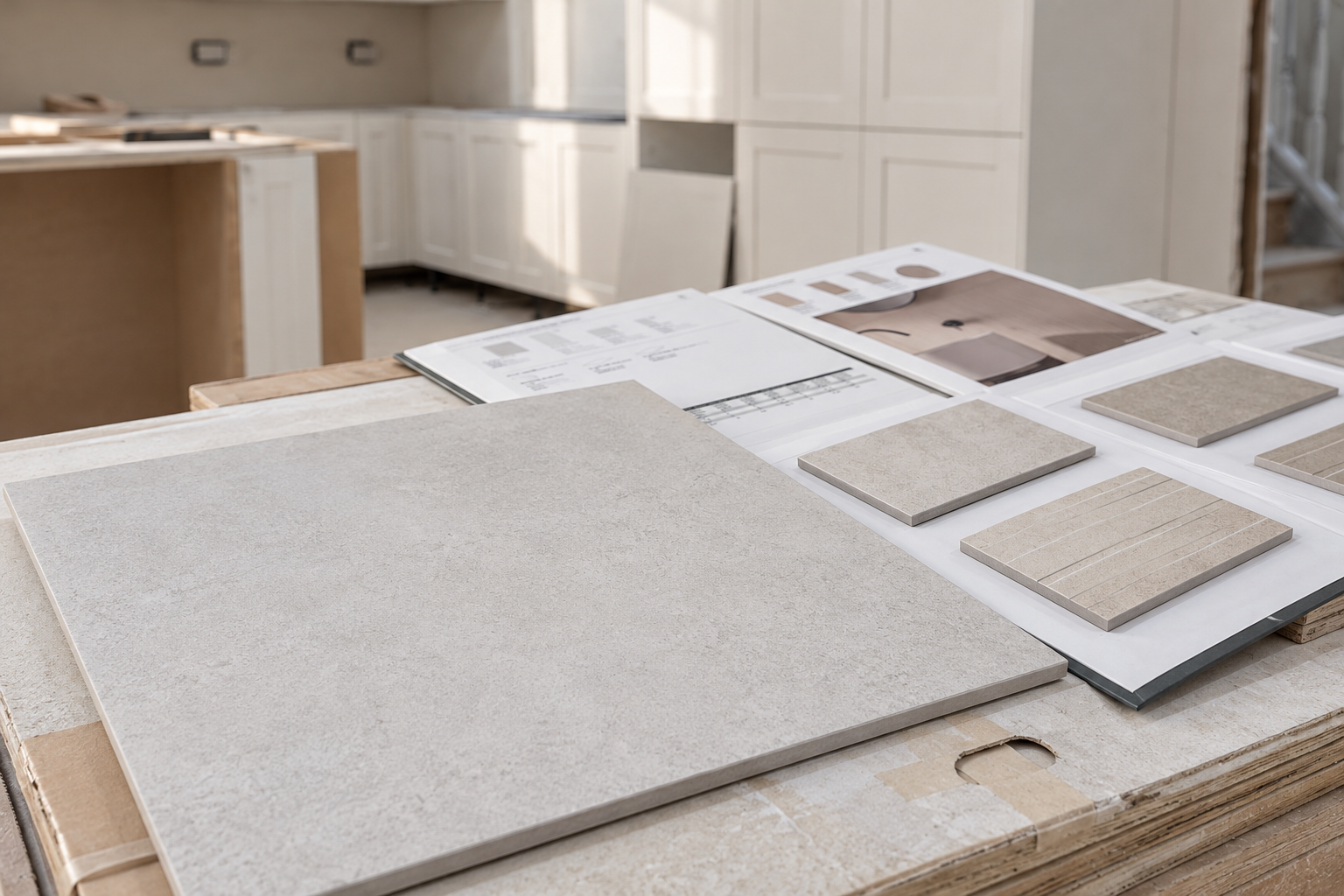Pale tile samples and sample boards in the natural light of a kitchen being renovated.