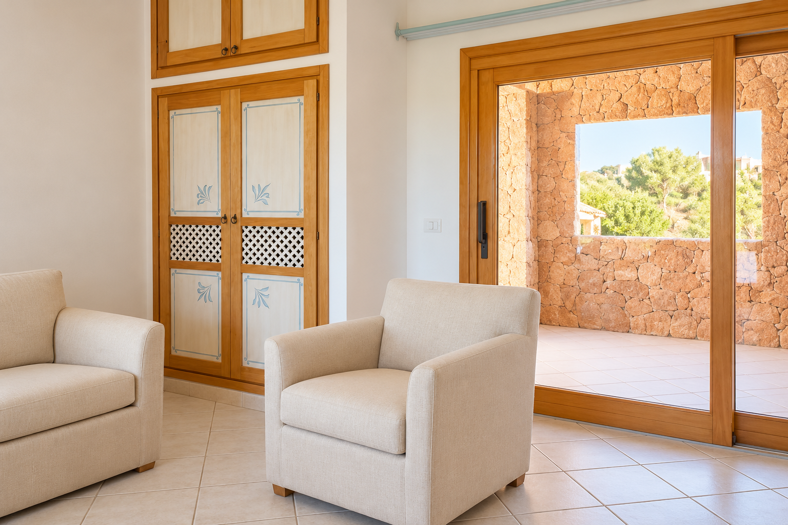 The sitting area in our Sardinia accommodation, with cream armchairs, built-in cupboards and a glass door to the terrace.