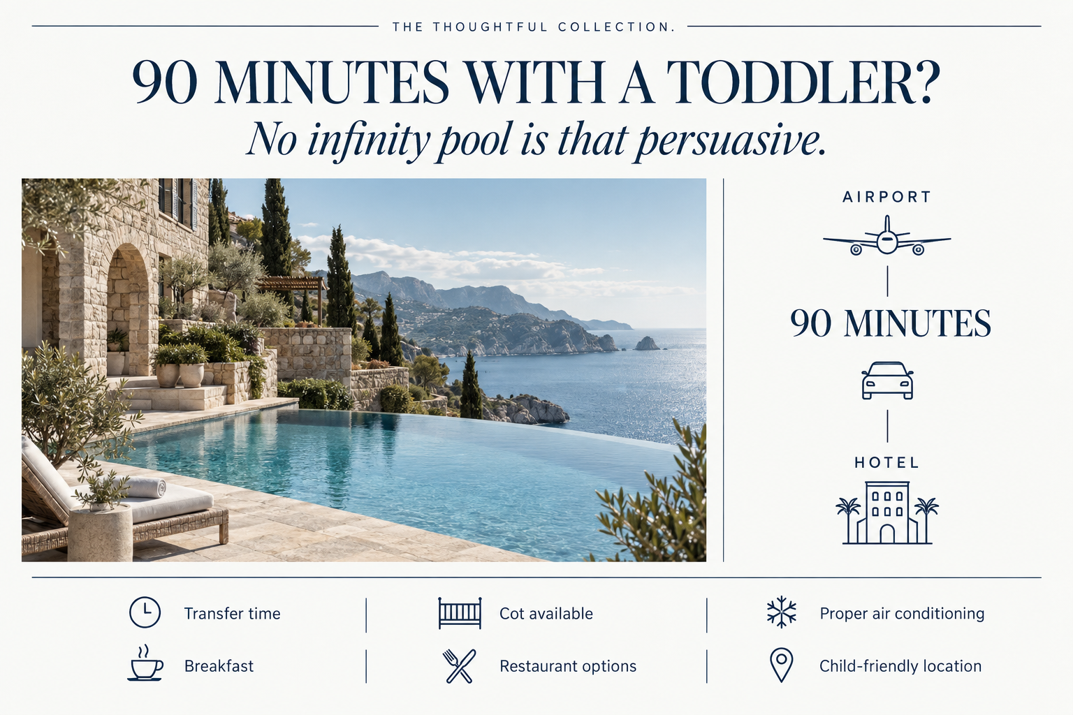 Illustrative airport-to-hotel route taking 90 minutes. No infinity pool is that persuasive: check transfer time, cot availability, proper air conditioning, breakfast, restaurant options and a child-friendly location.