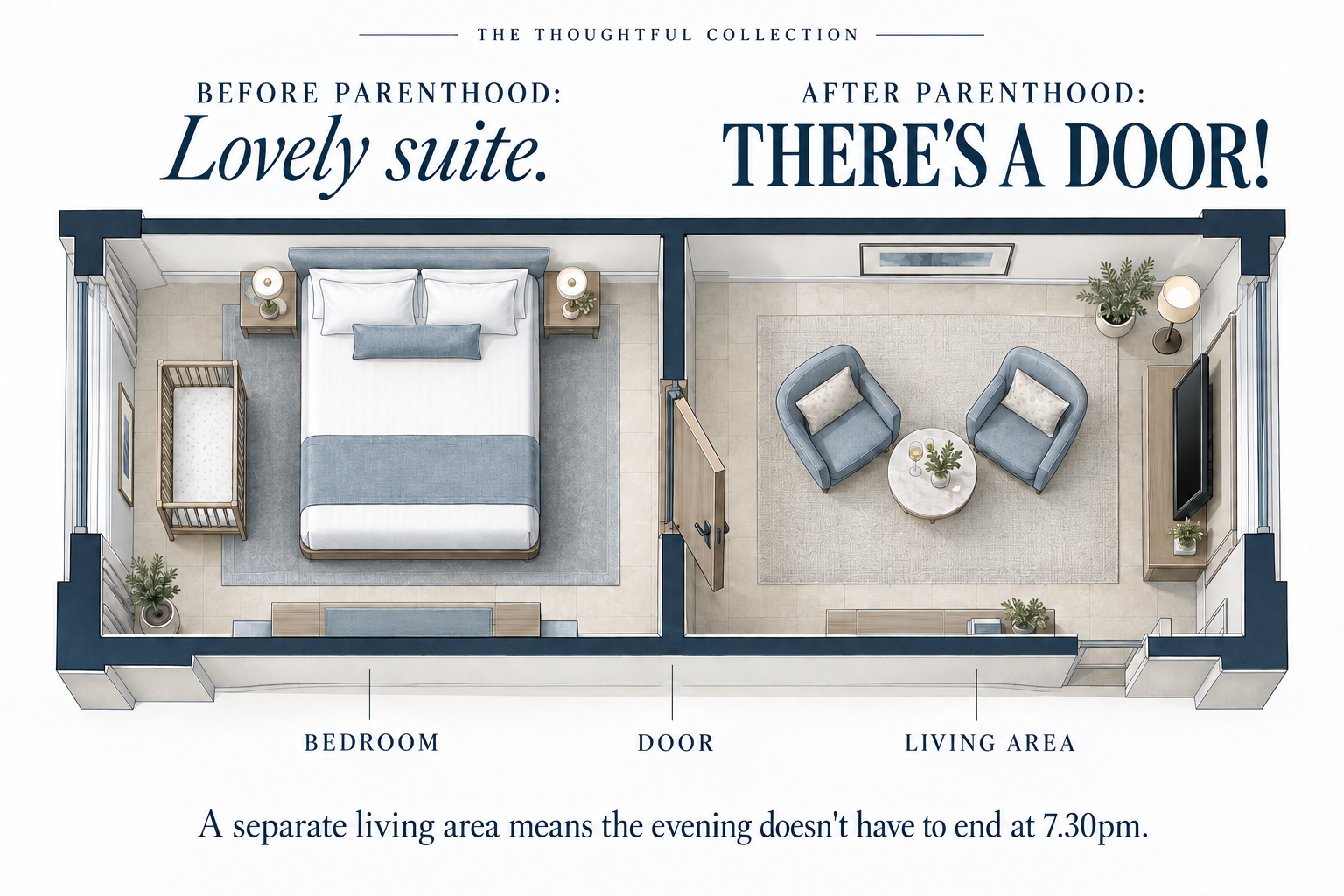 Illustrative hotel suite with a bedroom and cot separated by a door from the living area. Before parenthood: lovely suite. After parenthood: there’s a door! A separate living area means the evening doesn’t have to end at 7.30pm.