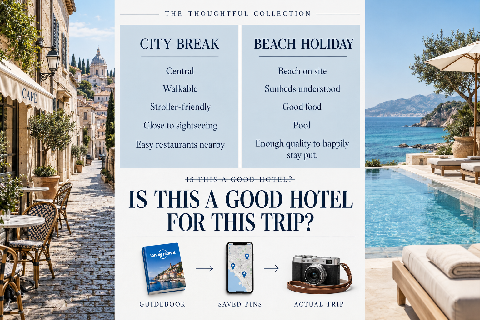 City-break priorities are central, walkable, stroller-friendly and close to sightseeing and restaurants. Beach-holiday priorities are an on-site beach, understood sunbed arrangements, good food and pool, and enough quality to stay put. Is this a good hotel for this trip? A guidebook leads to saved pins and the actual trip.