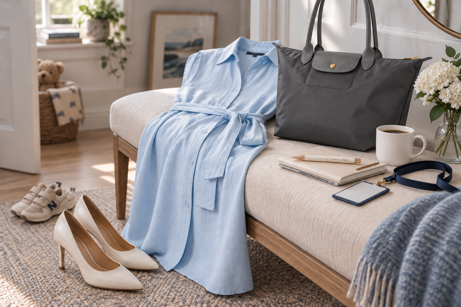 An editorial morning scene with a powder-blue sleeveless belted dress, ivory pointed heels, Longchamp work bag, coffee and a personalised pen, with small toddler trainers nearby.
