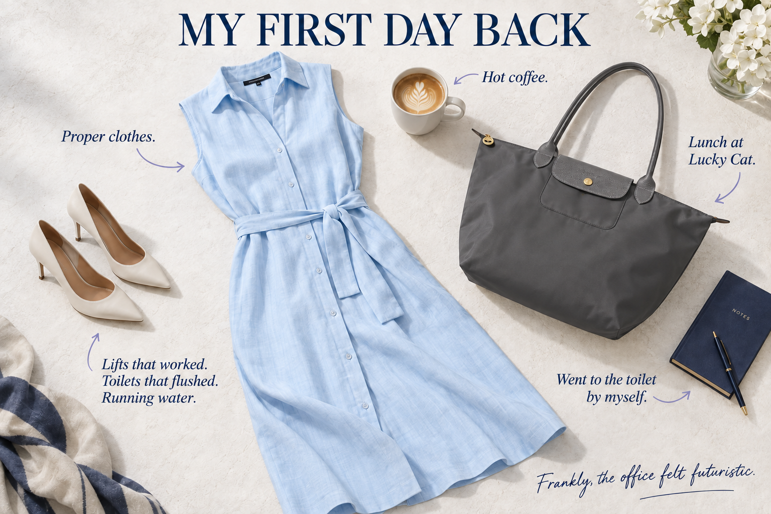 Emma-Kate’s first-day outfit illustrated using her wardrobe references: powder-blue dress, ivory heels and Longchamp bag, with annotations about hot coffee, Lucky Cat lunch and the little freedoms of returning to the office.