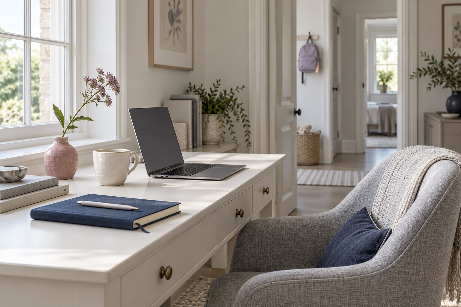 A calm home-working setup with laptop, notebook and subtle family-life details in soft natural light.