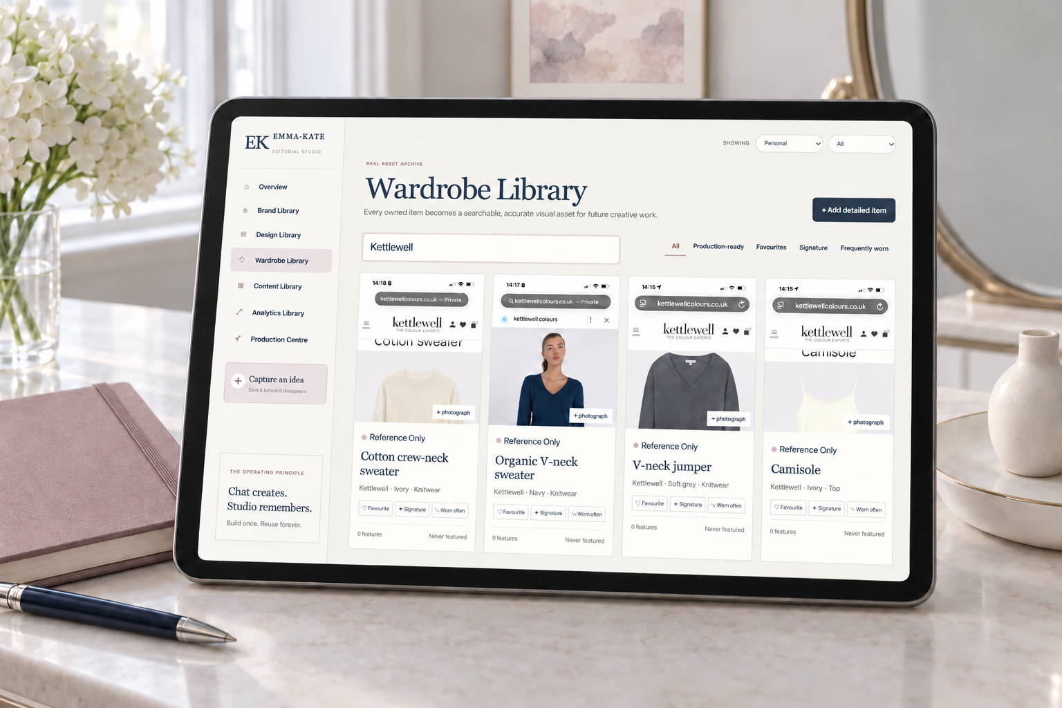 Emma-Kate’s genuine Wardrobe Library shown in an editorial tablet setting, with her Kettlewell knitwear references.