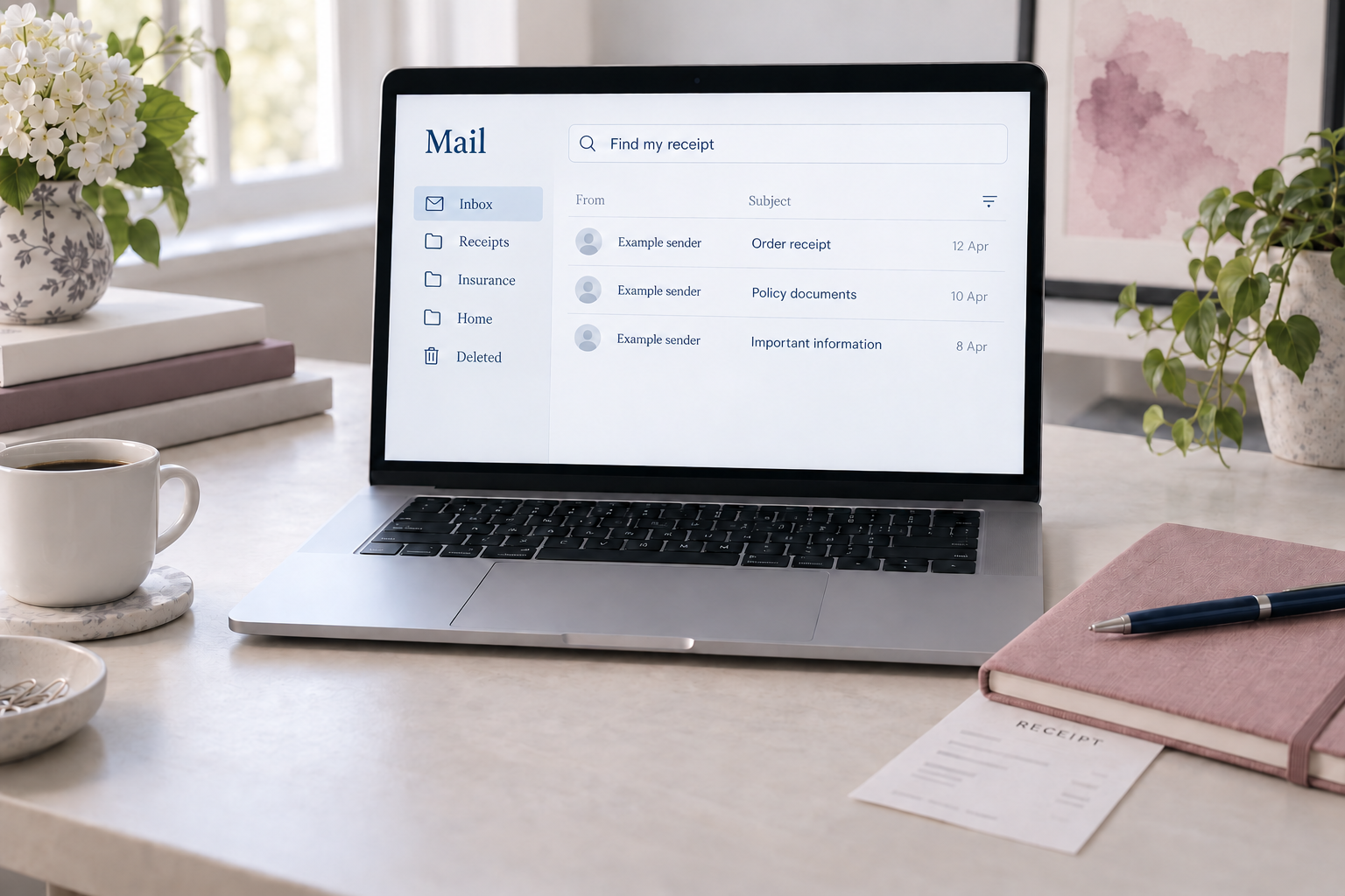 An illustrative inbox search for a receipt, with generic example messages and folders.
