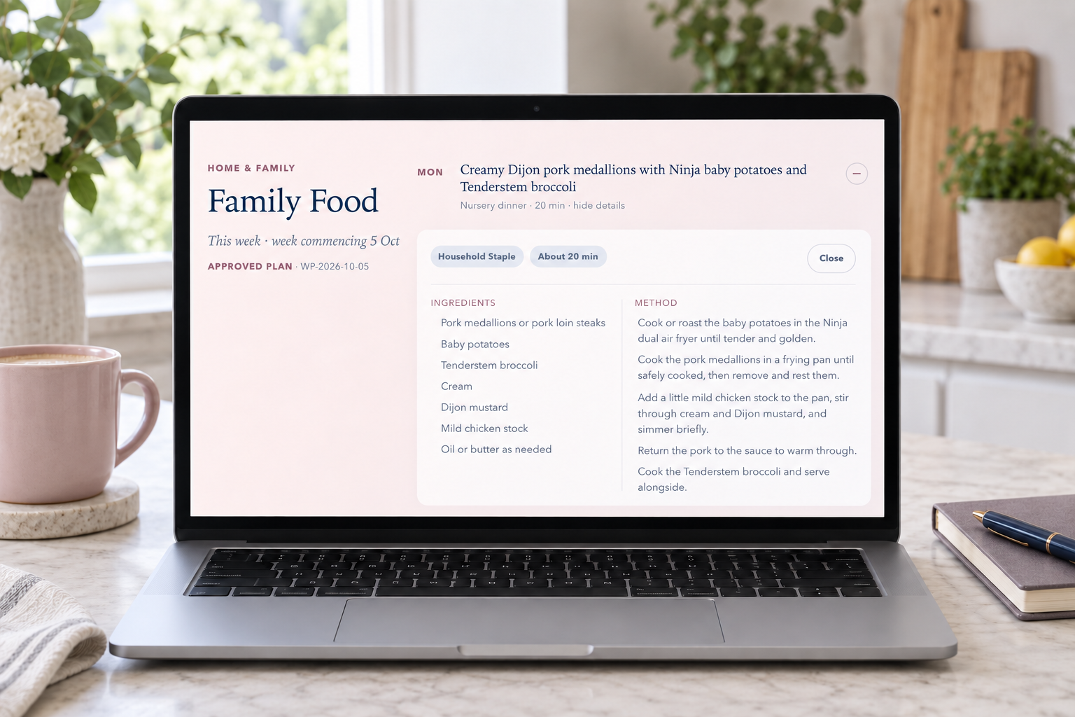 The genuine EKOS Family Food interface showing Monday’s creamy Dijon pork, ingredients and method in an editorial kitchen setting.