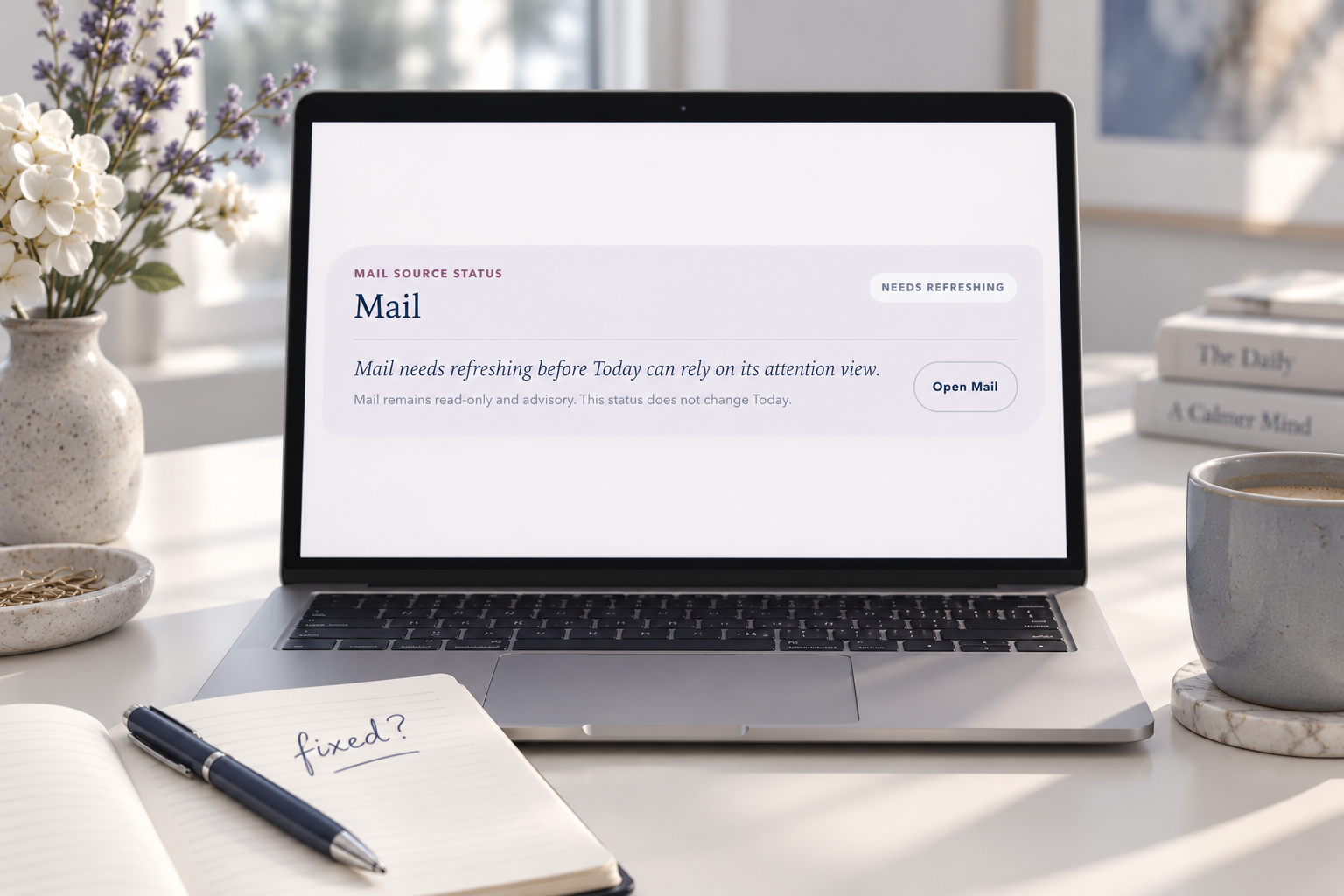 The genuine EKOS Mail status panel showing that a refresh is needed, beside a notebook marked fixed?