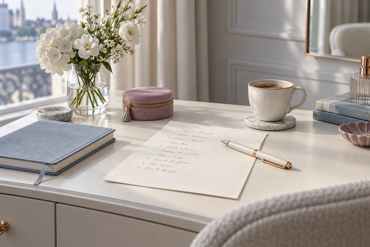 An illustrative handwritten values list on an ivory desk beside a pen, coffee and muted blue and mauve accessories. This is a reconstruction, not the original list.