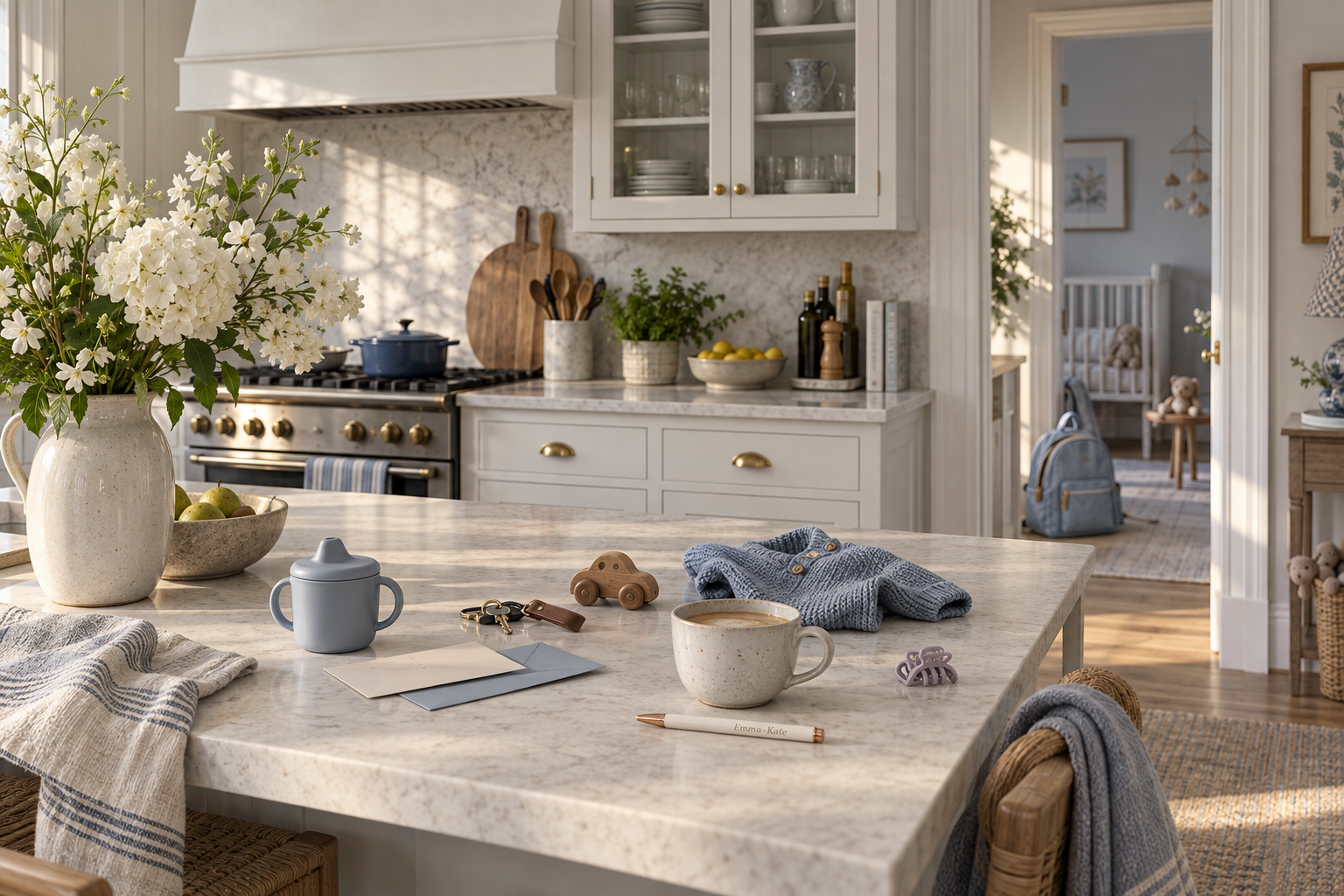 A lived-in family kitchen with white flowers, a toddler cup, post, keys, a small toy, folded clothes and coffee on the pale stone counter.