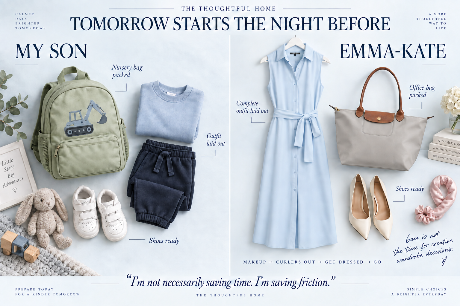 Tomorrow starts the night before: nursery bag, outfit and shoes ready for Emma-Kate’s son, and office bag, complete outfit, shoes and heatless curlers ready for Emma-Kate. Makeup, curlers out, get dressed, go.