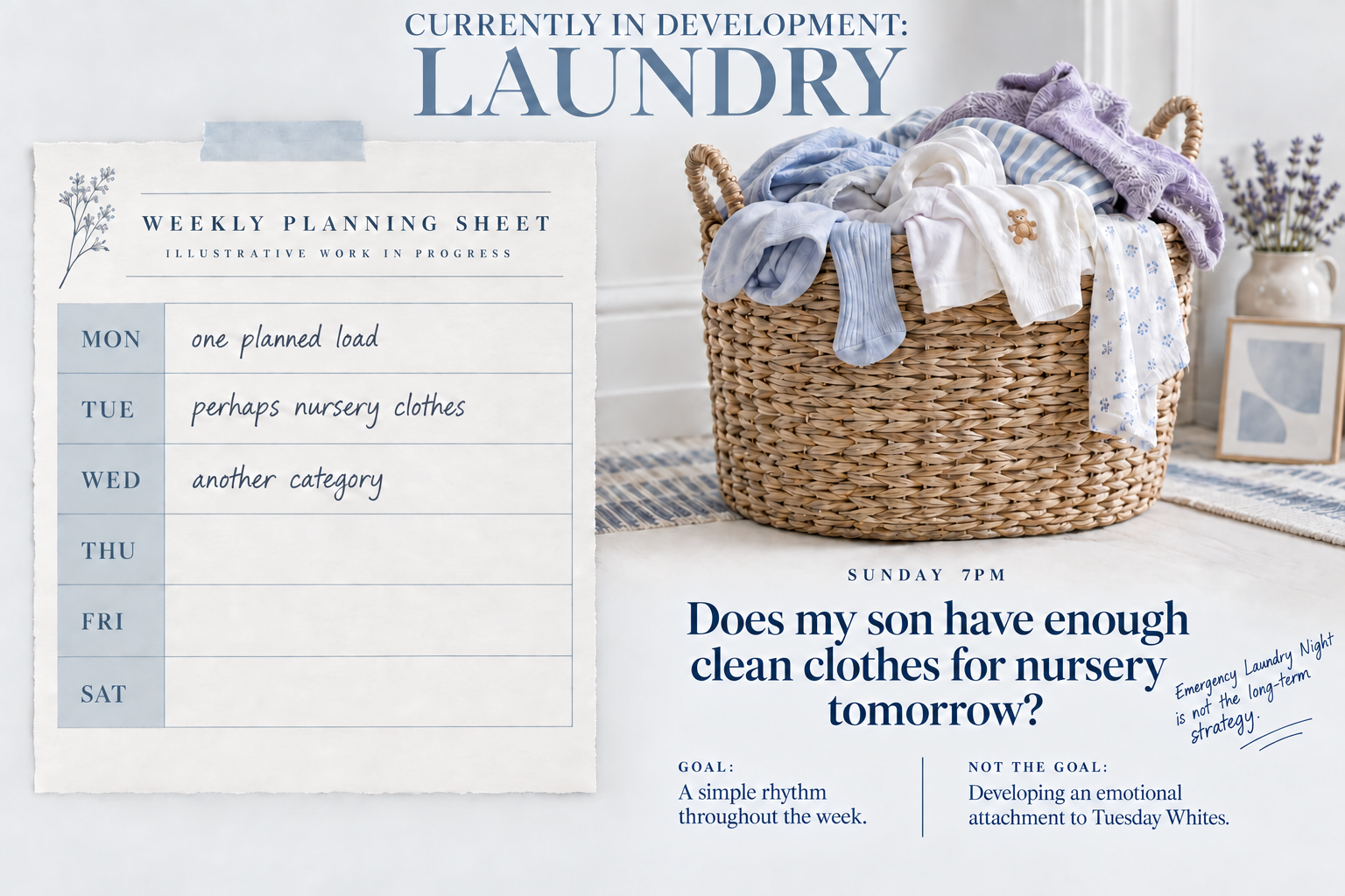 An illustrative laundry rhythm still in development beside a full washing basket. The goal is a simple rhythm throughout the week, rather than Emergency Laundry Night on Sunday.