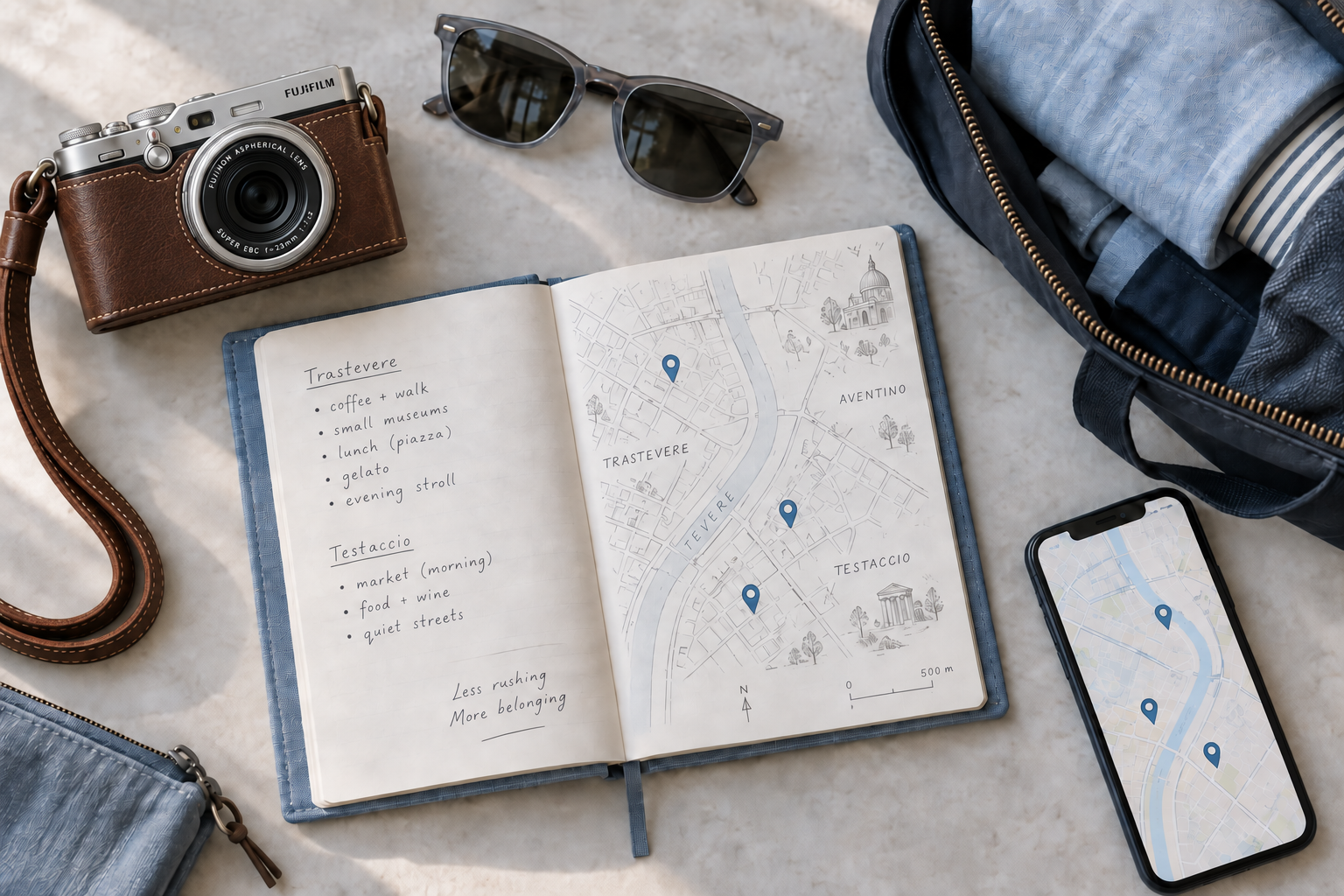 Overhead travel-planning photograph with an open blue notebook, neighbourhood map, saved places on a phone, camera, grey sunglasses and a packed navy bag.